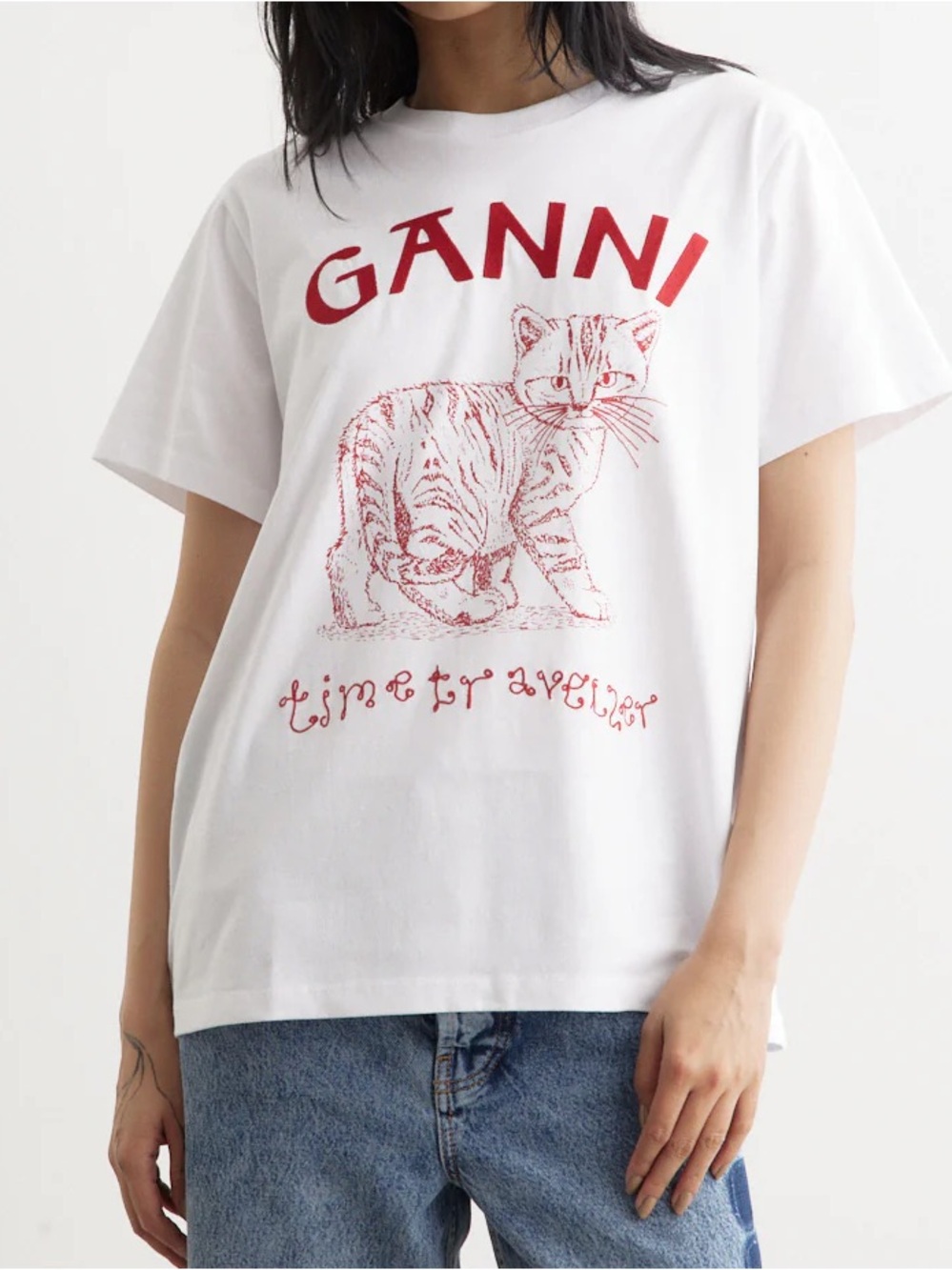 Ganni White Tee with Red Cat Graphic